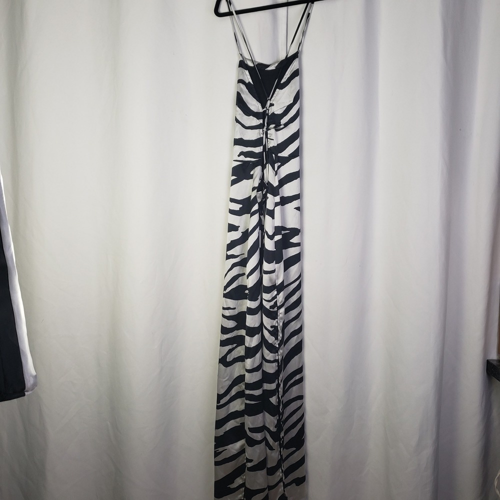 Free People Abby Zebra Print Satin Maxi Dress Black White Lace Up Back Size 12 - Picture 6 of 10